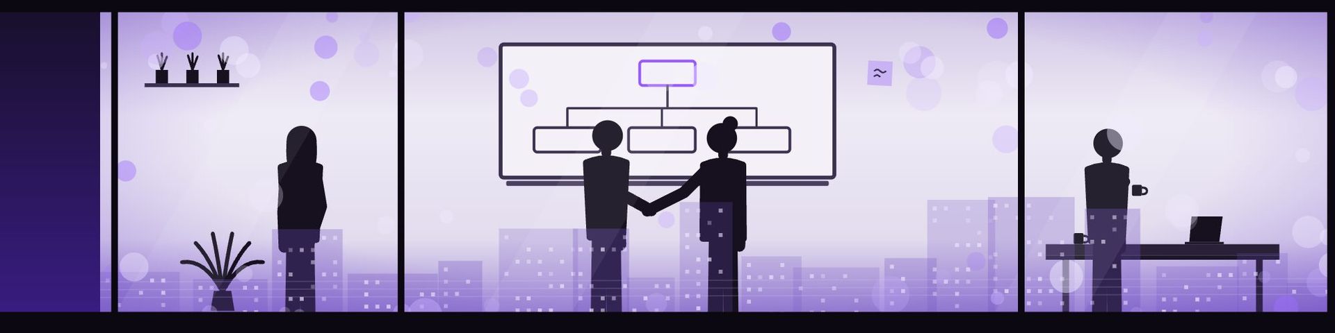 Consultores da Ocakit e cliente fechando parceria diante de um quadro com a estrutura do projeto